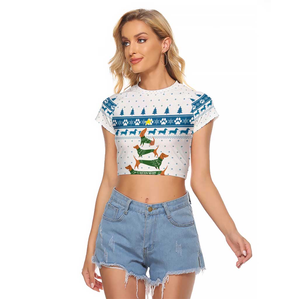 Dachshund Dog Tree Stack Raglan Cropped T Shirt with Blue White Paw Print Pattern Design - Wonder Print Shop