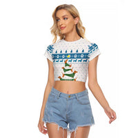 Dachshund Dog Tree Stack Raglan Cropped T Shirt with Blue White Paw Print Pattern Design - Wonder Print Shop