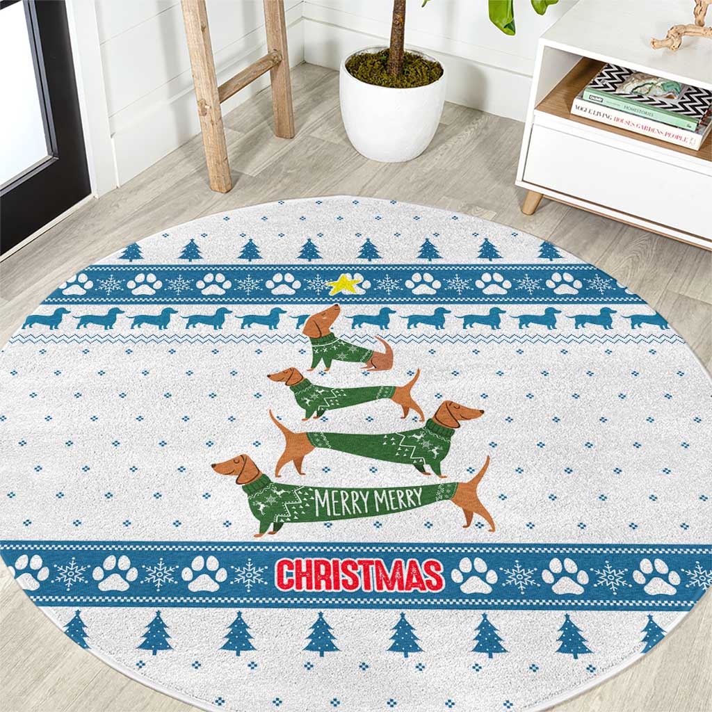 Dachshund Dog Tree Stack Round Carpet with Blue White Paw Print Pattern Design - Wonder Print Shop
