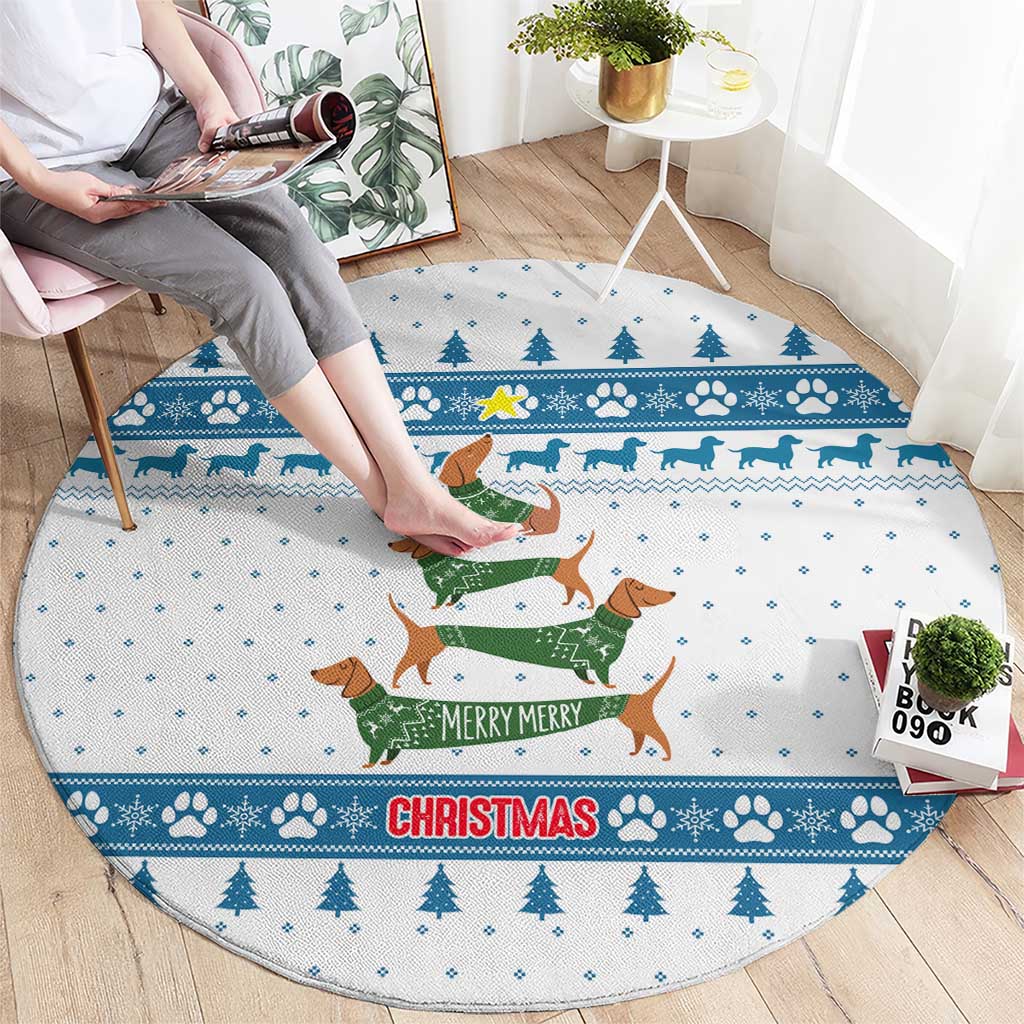 Dachshund Dog Tree Stack Round Carpet with Blue White Paw Print Pattern Design - Wonder Print Shop