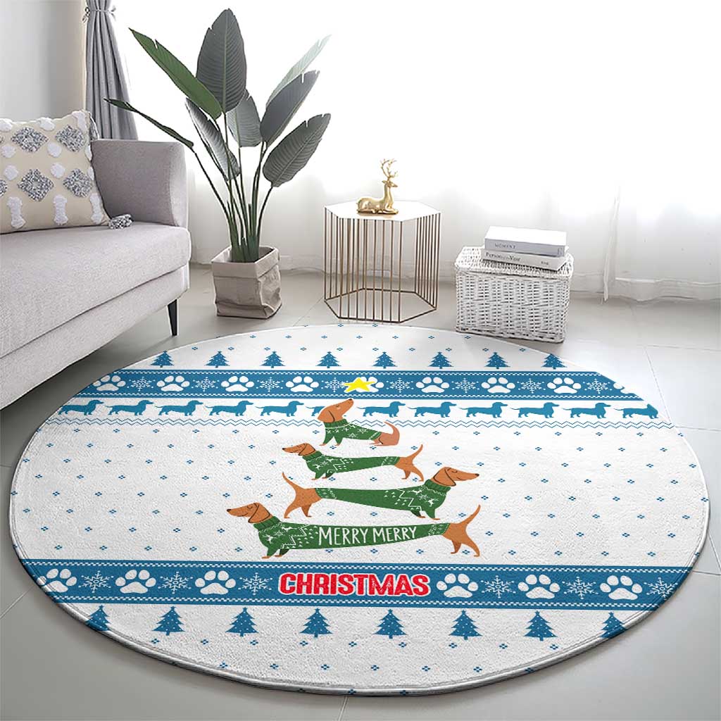 Dachshund Dog Tree Stack Round Carpet with Blue White Paw Print Pattern Design - Wonder Print Shop