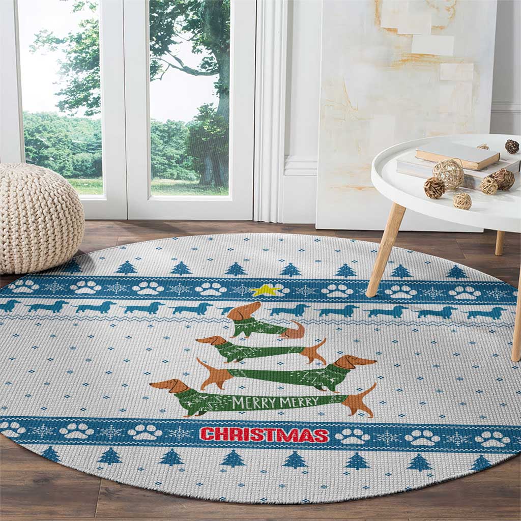 Dachshund Dog Tree Stack Round Carpet with Blue White Paw Print Pattern Design - Wonder Print Shop