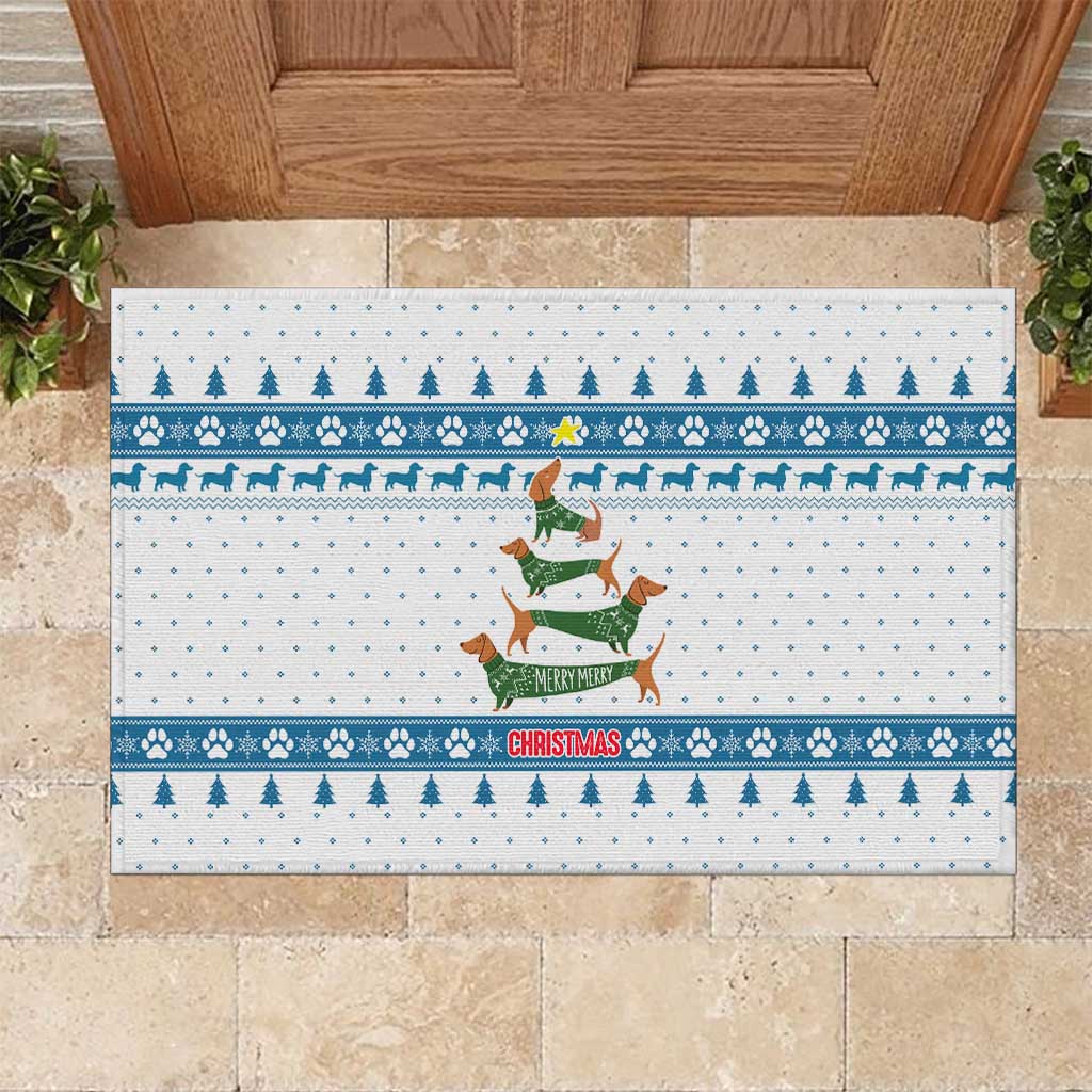 Dachshund Dog Tree Stack Rubber Doormat with Blue White Paw Print Pattern Design - Wonder Print Shop