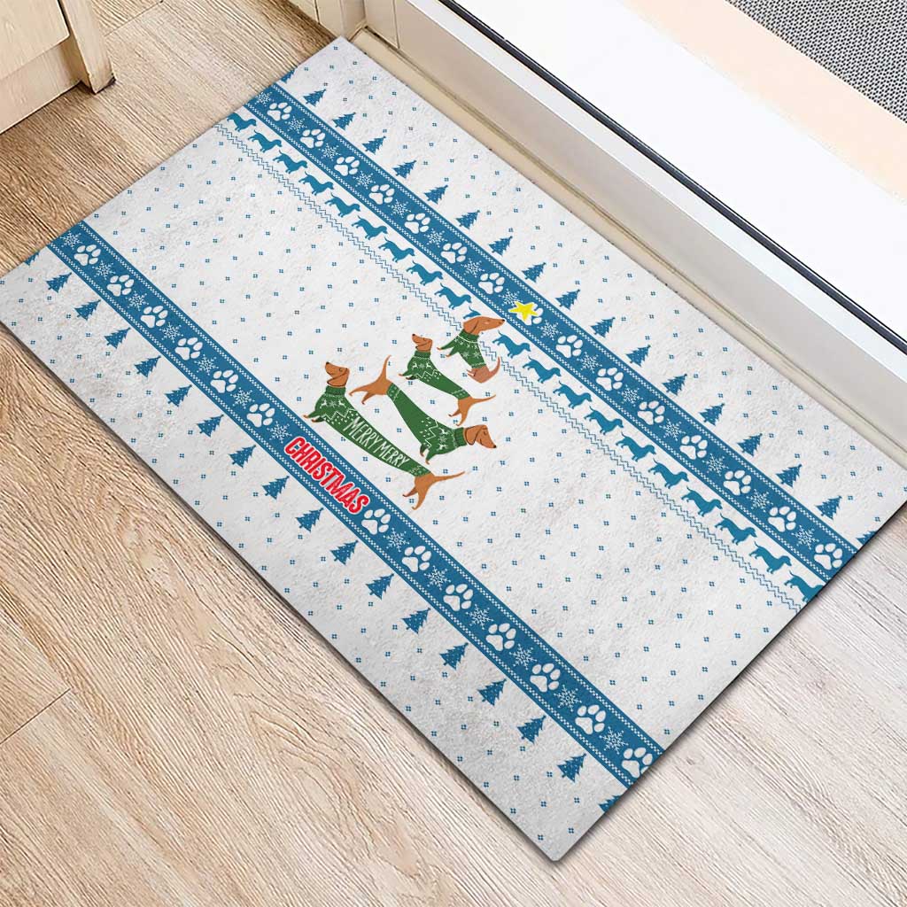 Dachshund Dog Tree Stack Rubber Doormat with Blue White Paw Print Pattern Design - Wonder Print Shop