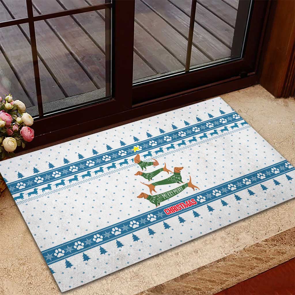 Dachshund Dog Tree Stack Rubber Doormat with Blue White Paw Print Pattern Design - Wonder Print Shop