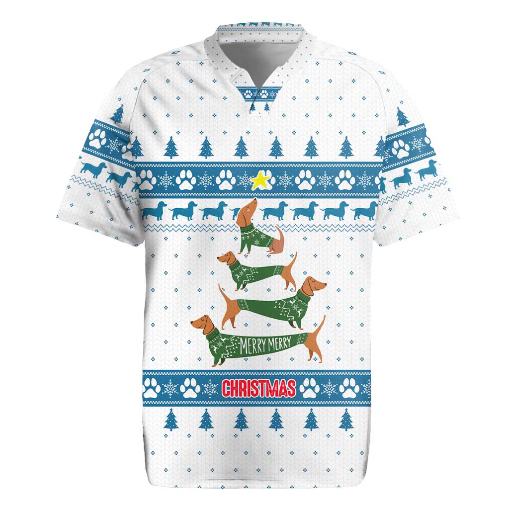 Dachshund Dog Tree Stack Rugby Jersey with Blue White Paw Print Pattern Design - Wonder Print Shop