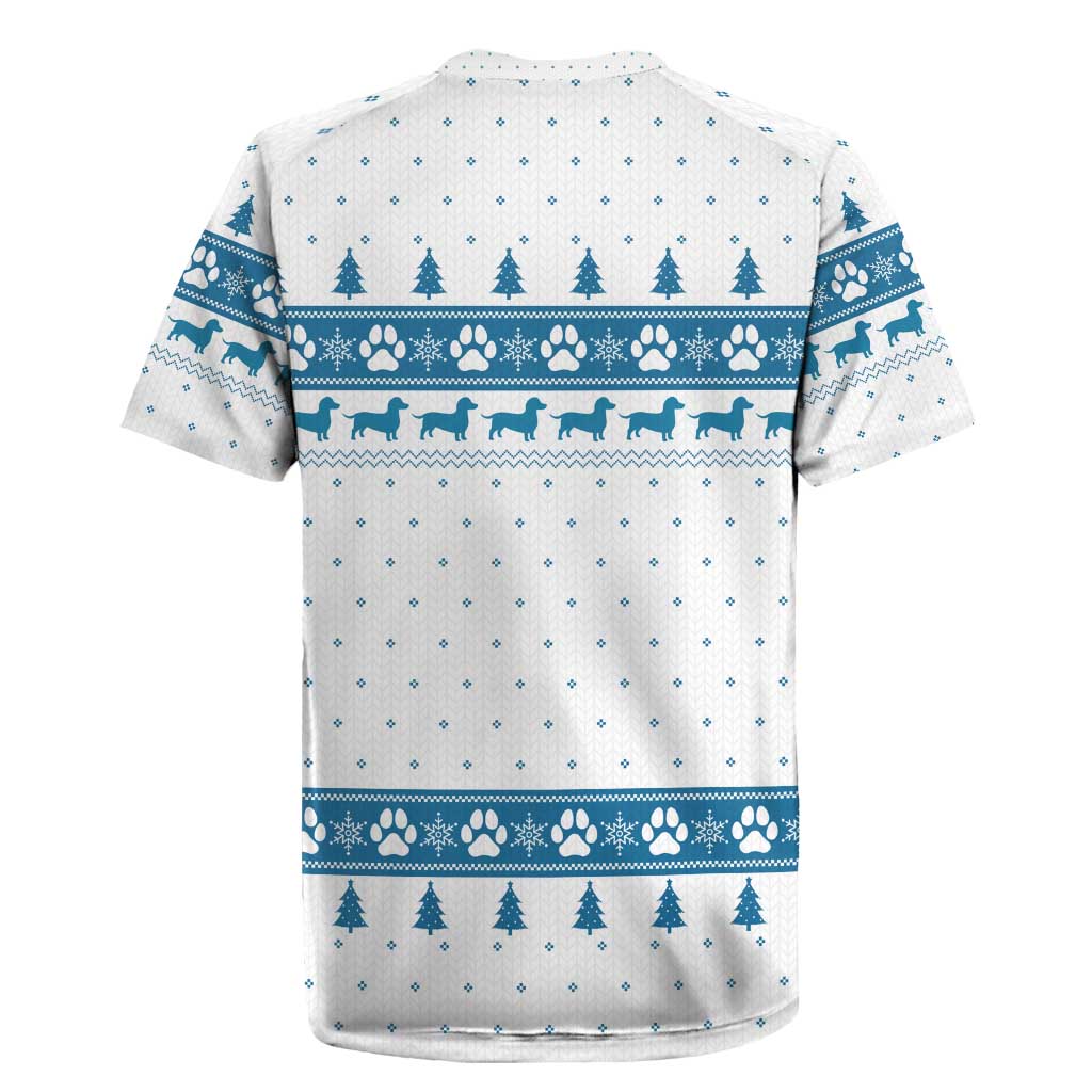 Dachshund Dog Tree Stack Rugby Jersey with Blue White Paw Print Pattern Design - Wonder Print Shop