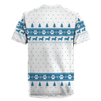 Dachshund Dog Tree Stack Rugby Jersey with Blue White Paw Print Pattern Design - Wonder Print Shop