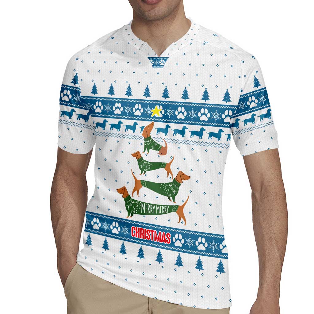 Dachshund Dog Tree Stack Rugby Jersey with Blue White Paw Print Pattern Design - Wonder Print Shop