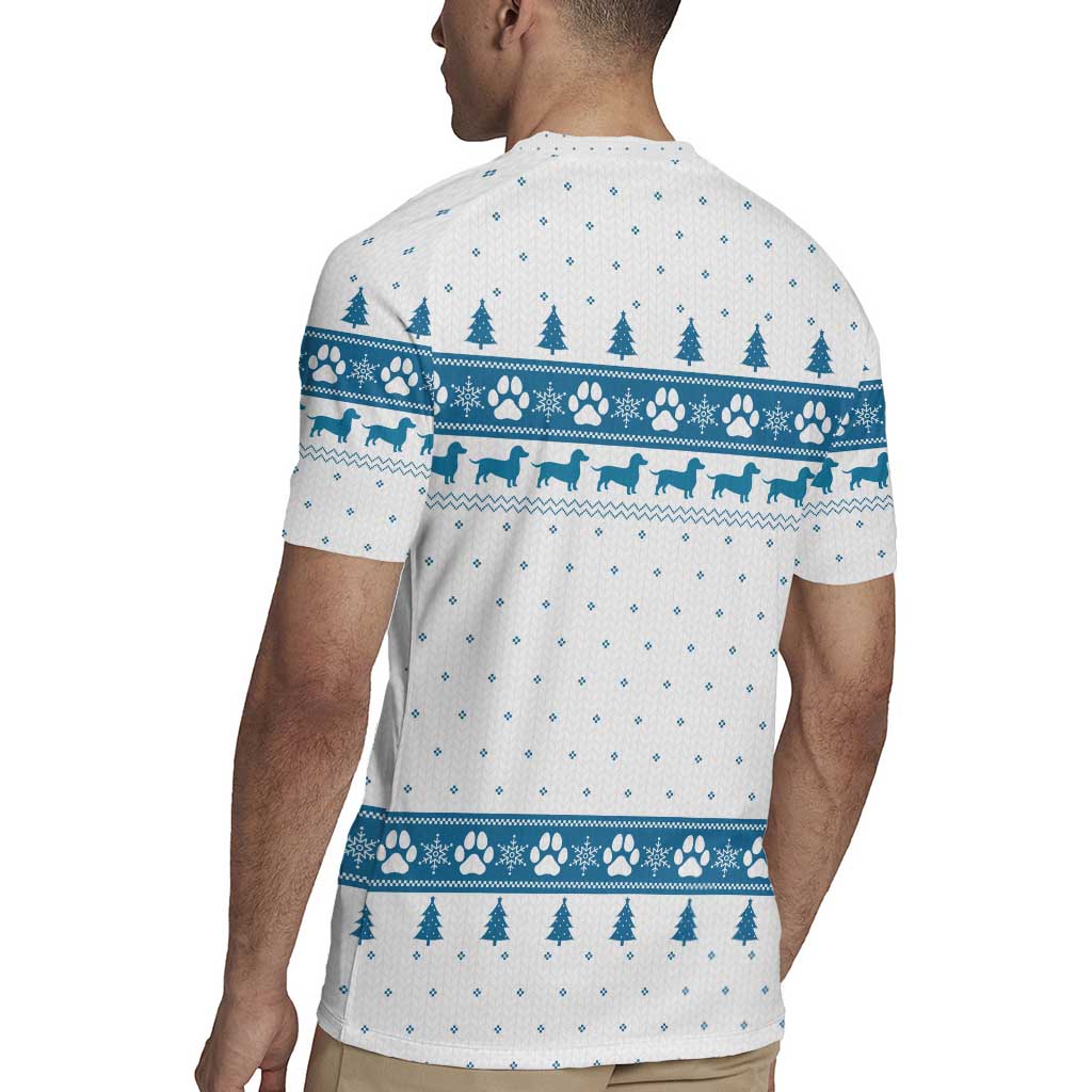 Dachshund Dog Tree Stack Rugby Jersey with Blue White Paw Print Pattern Design - Wonder Print Shop