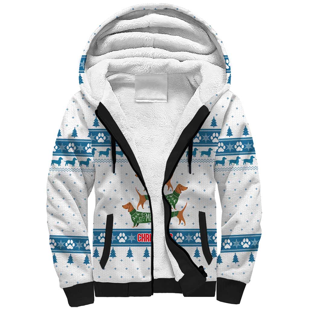 Dachshund Dog Tree Stack Sherpa Hoodie with Blue White Paw Print Pattern Design - Wonder Print Shop
