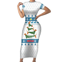 Dachshund Dog Tree Stack Short Sleeve Bodycon Dress with Blue White Paw Print Pattern Design - Wonder Print Shop