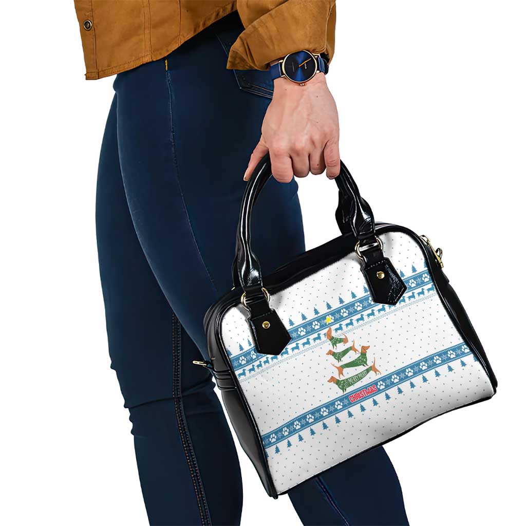 Dachshund Dog Tree Stack Shoulder Handbag with Blue White Paw Print Pattern Design - Wonder Print Shop