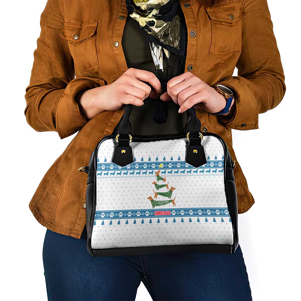 Dachshund Dog Tree Stack Shoulder Handbag with Blue White Paw Print Pattern Design - Wonder Print Shop