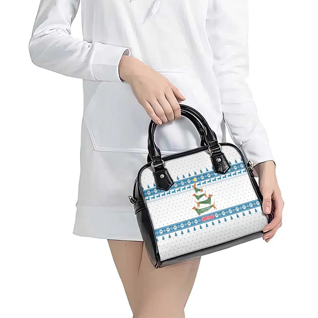 Dachshund Dog Tree Stack Shoulder Handbag with Blue White Paw Print Pattern Design - Wonder Print Shop