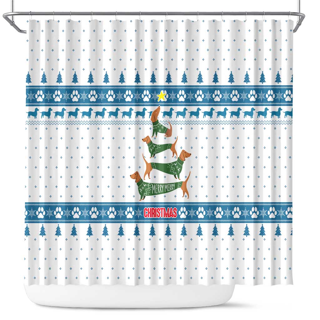 Dachshund Dog Tree Stack Shower Curtain with Blue White Paw Print Pattern Design - Wonder Print Shop
