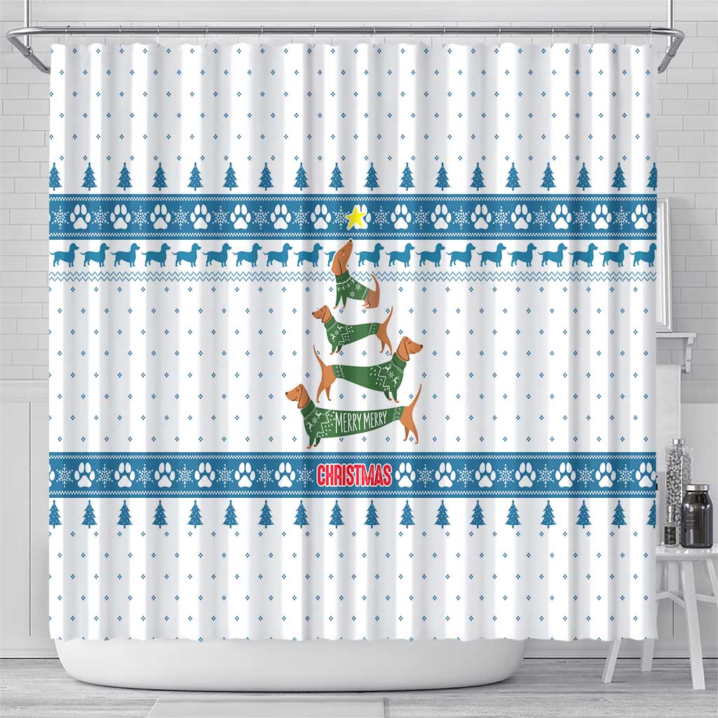 Dachshund Dog Tree Stack Shower Curtain with Blue White Paw Print Pattern Design - Wonder Print Shop