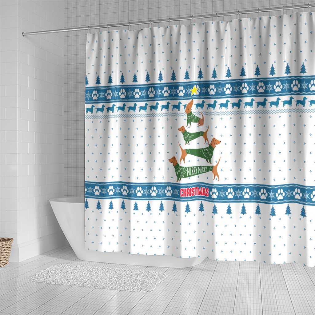 Dachshund Dog Tree Stack Shower Curtain with Blue White Paw Print Pattern Design - Wonder Print Shop
