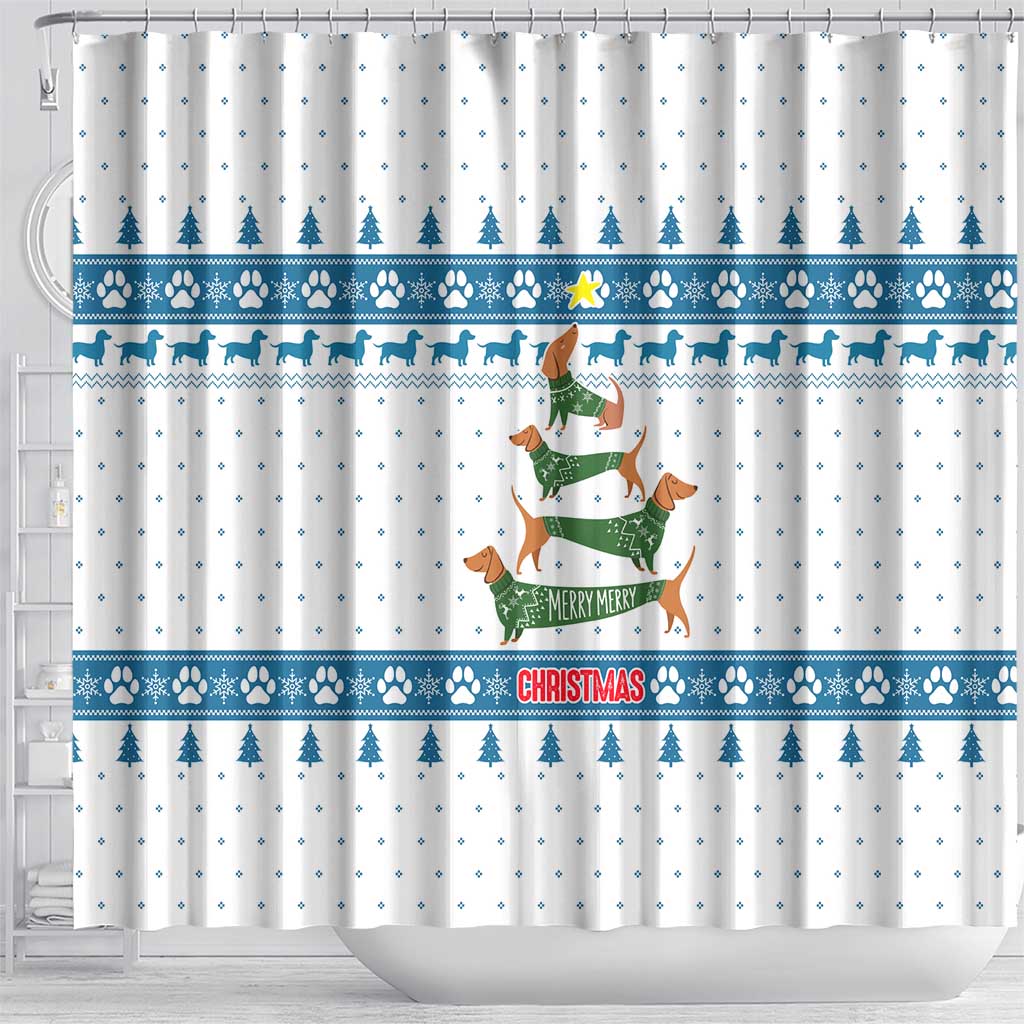 Dachshund Dog Tree Stack Shower Curtain with Blue White Paw Print Pattern Design - Wonder Print Shop