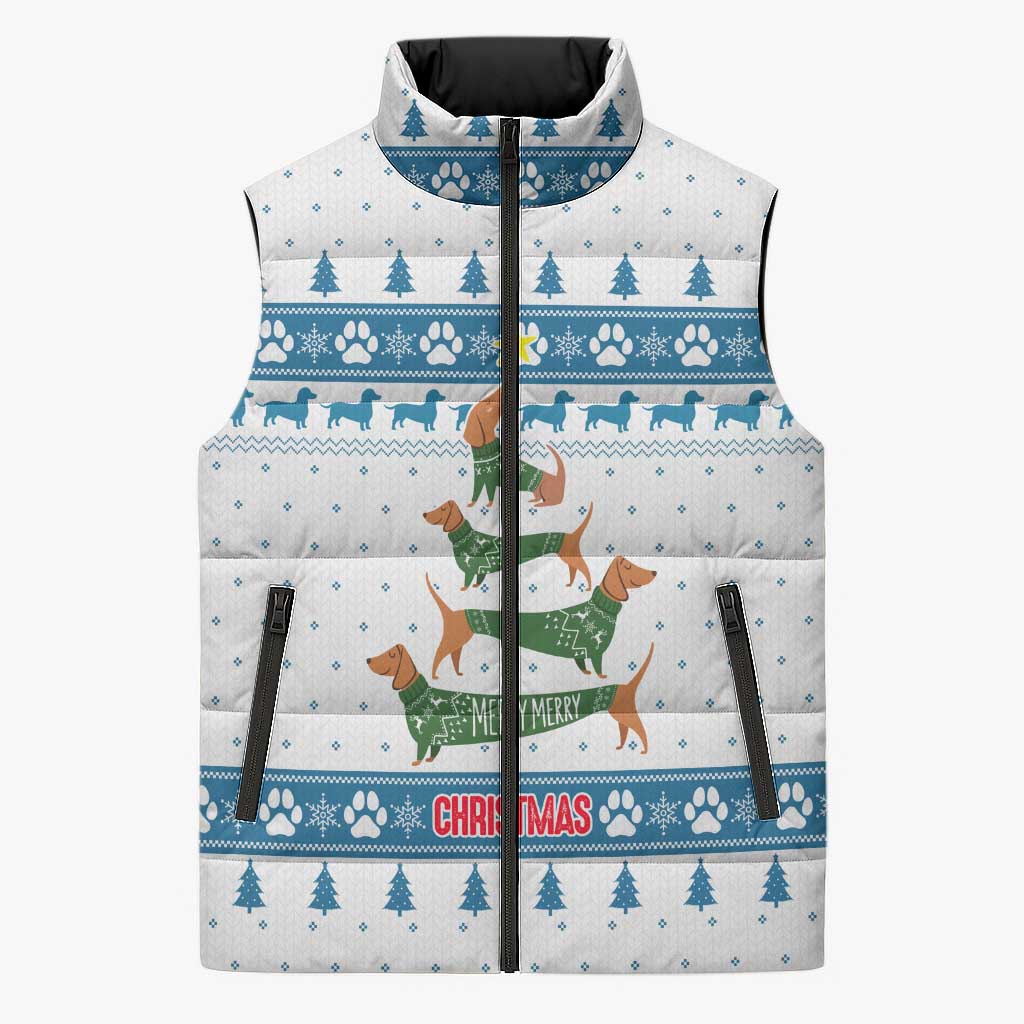 Dachshund Dog Tree Stack Sleeveless Puffer Jacket with Blue White Paw Print Pattern Design - Wonder Print Shop