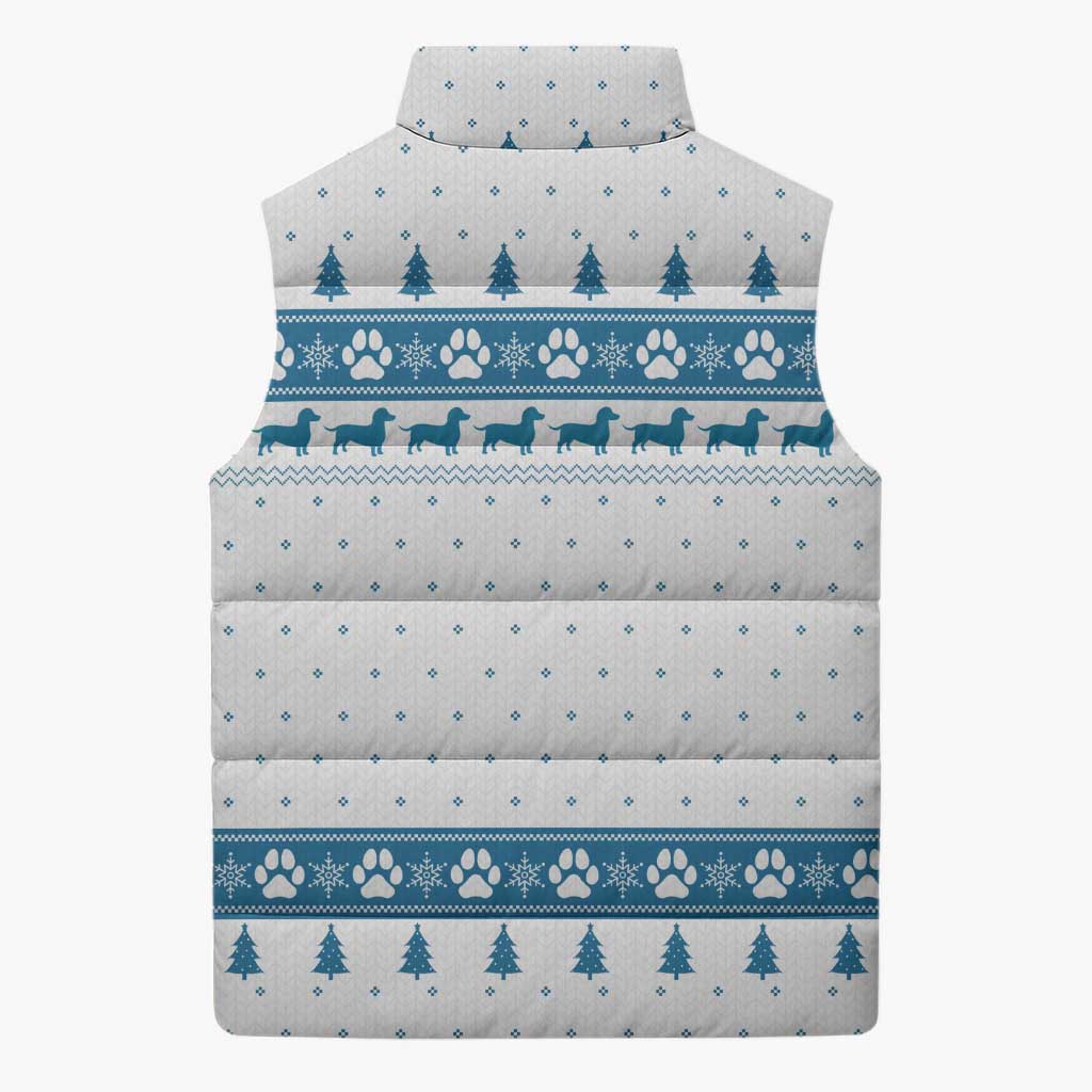 Dachshund Dog Tree Stack Sleeveless Puffer Jacket with Blue White Paw Print Pattern Design - Wonder Print Shop