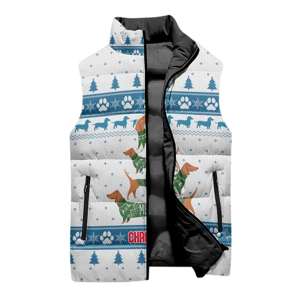 Dachshund Dog Tree Stack Sleeveless Puffer Jacket with Blue White Paw Print Pattern Design - Wonder Print Shop