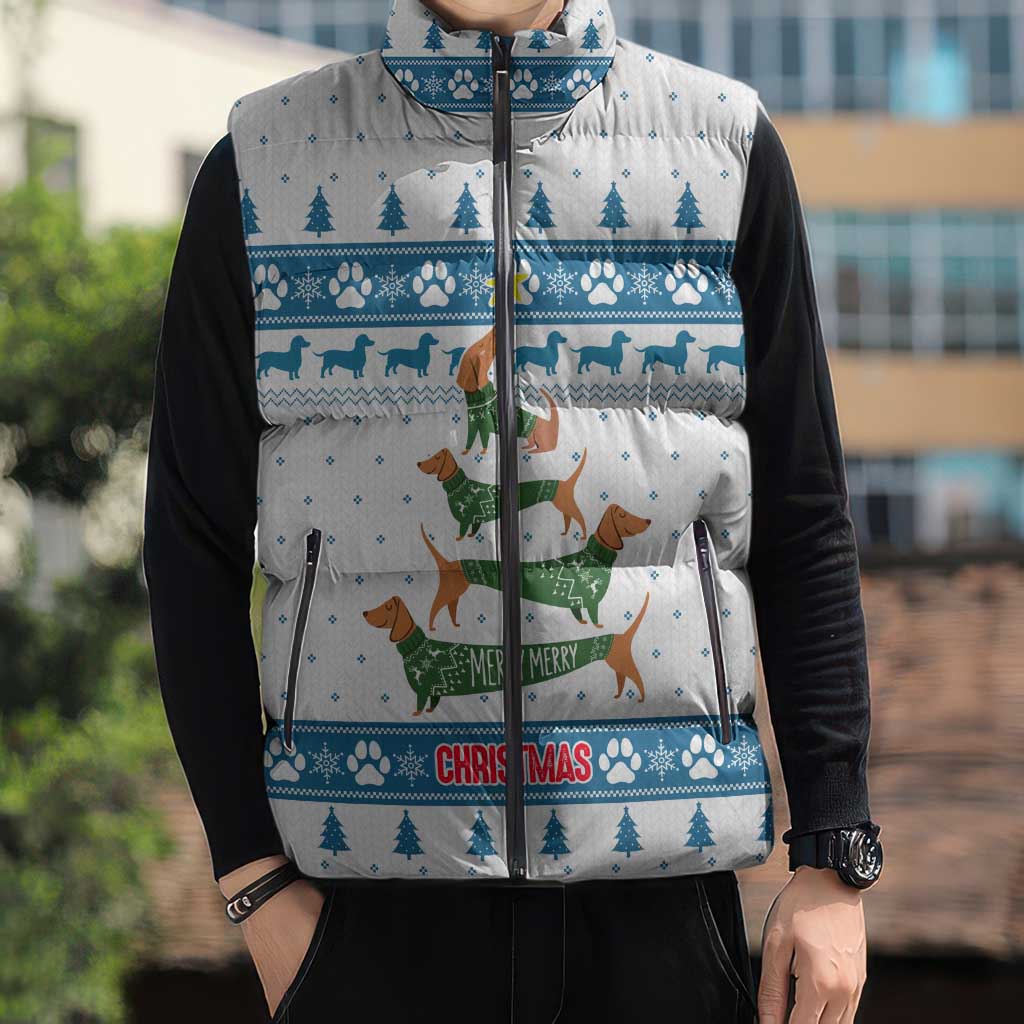 Dachshund Dog Tree Stack Sleeveless Puffer Jacket with Blue White Paw Print Pattern Design - Wonder Print Shop