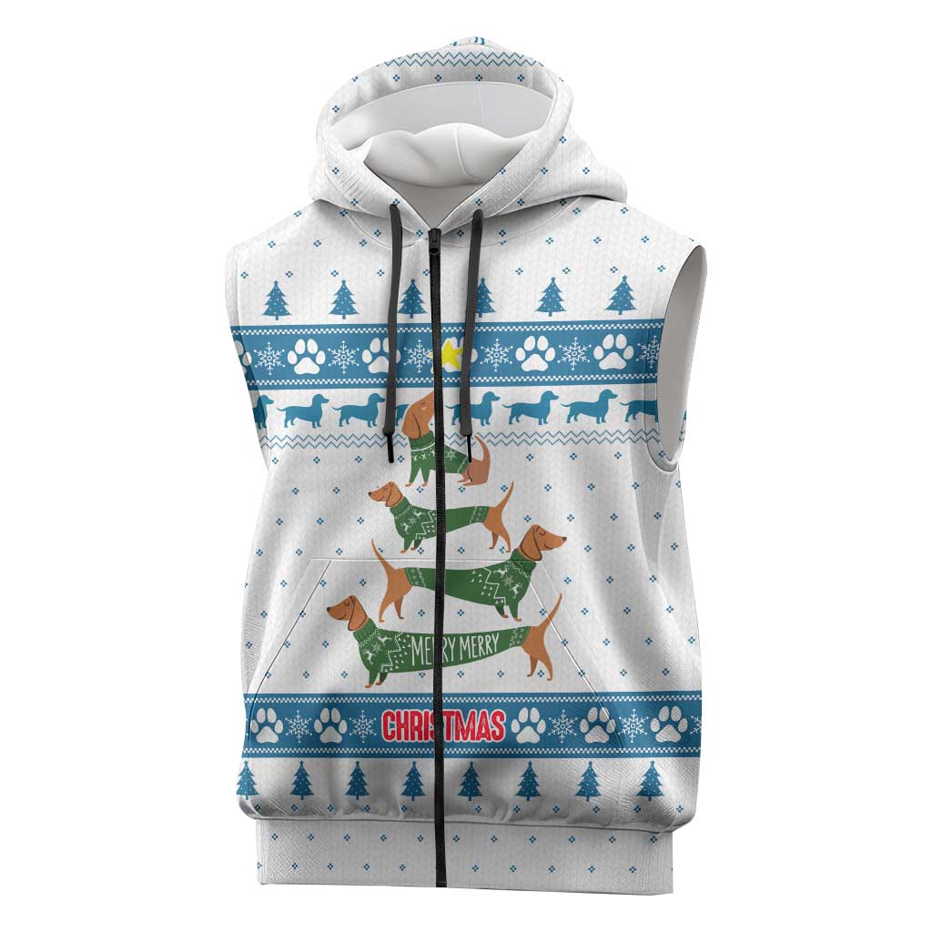 Dachshund Dog Tree Stack Sleeveless Zip Hoodie with Blue White Paw Print Pattern Design - Wonder Print Shop