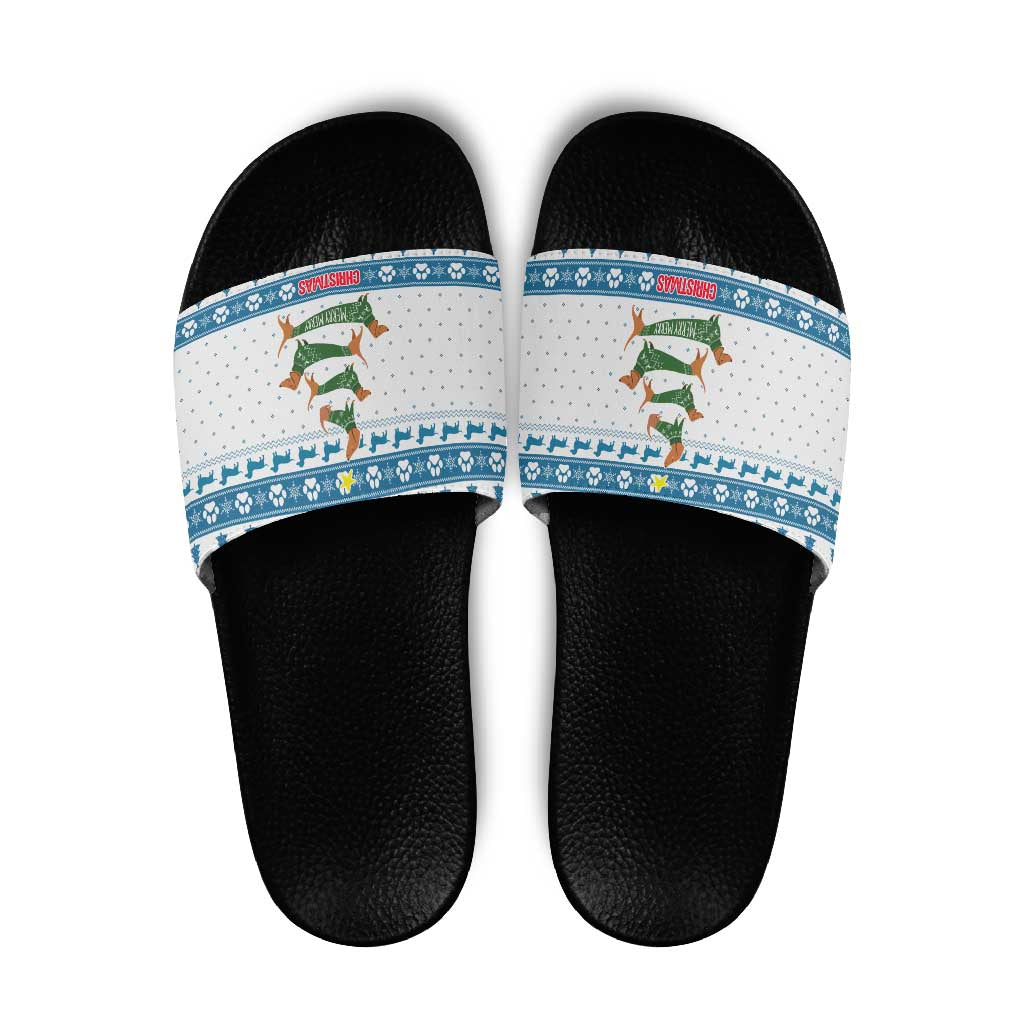 Dachshund Dog Tree Stack Slide Sandals with Blue White Paw Print Pattern Design - Wonder Print Shop