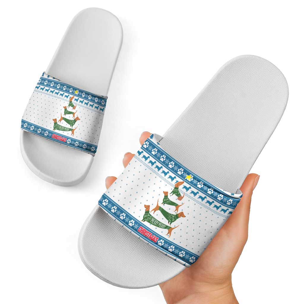 Dachshund Dog Tree Stack Slide Sandals with Blue White Paw Print Pattern Design - Wonder Print Shop