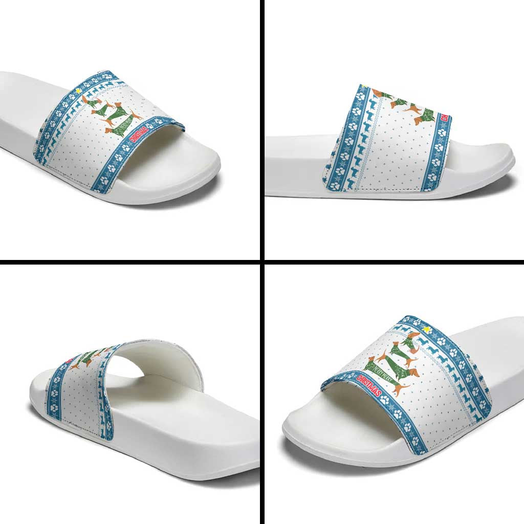 Dachshund Dog Tree Stack Slide Sandals with Blue White Paw Print Pattern Design - Wonder Print Shop