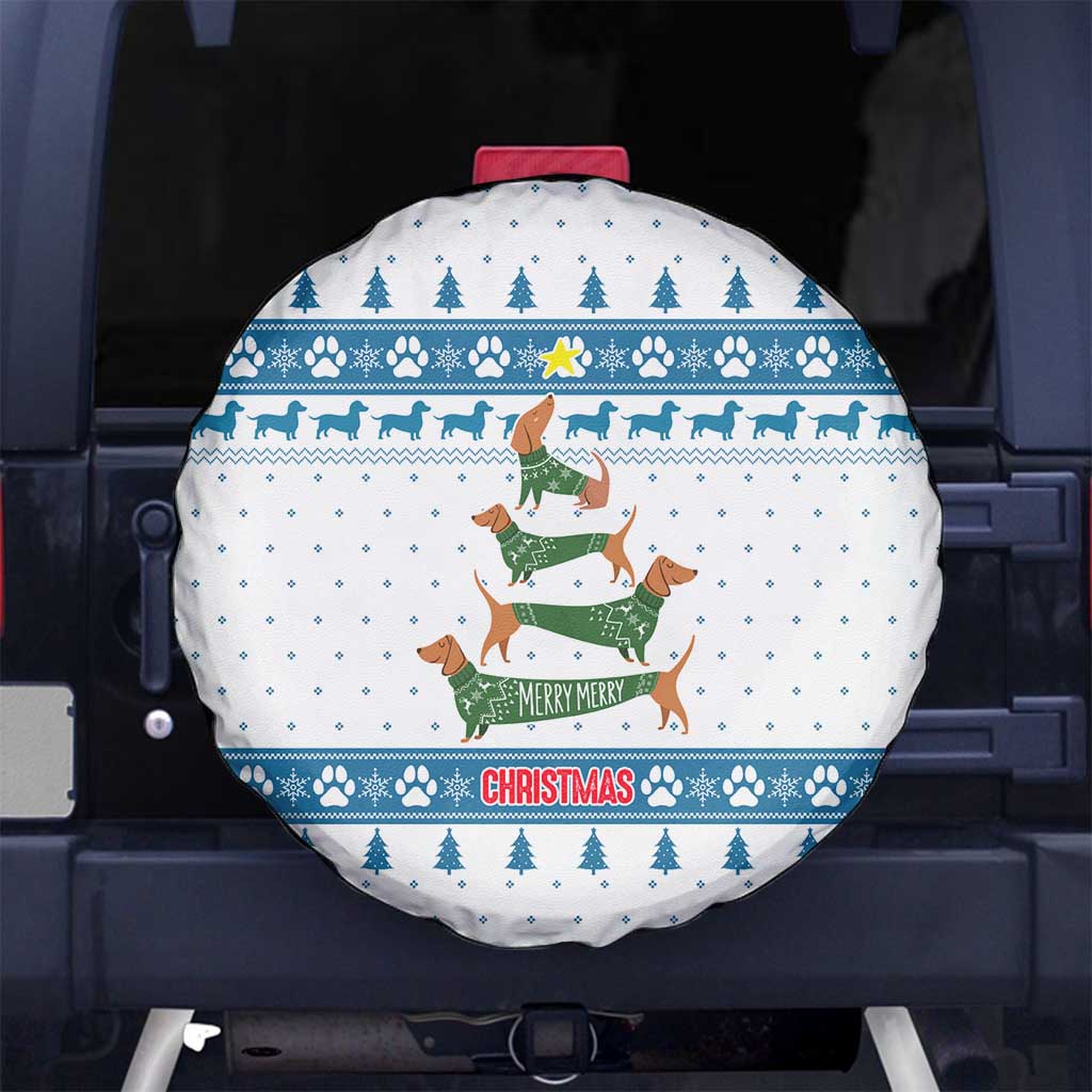 Dachshund Dog Tree Stack Spare Tire Cover with Blue White Paw Print Pattern Design - Wonder Print Shop