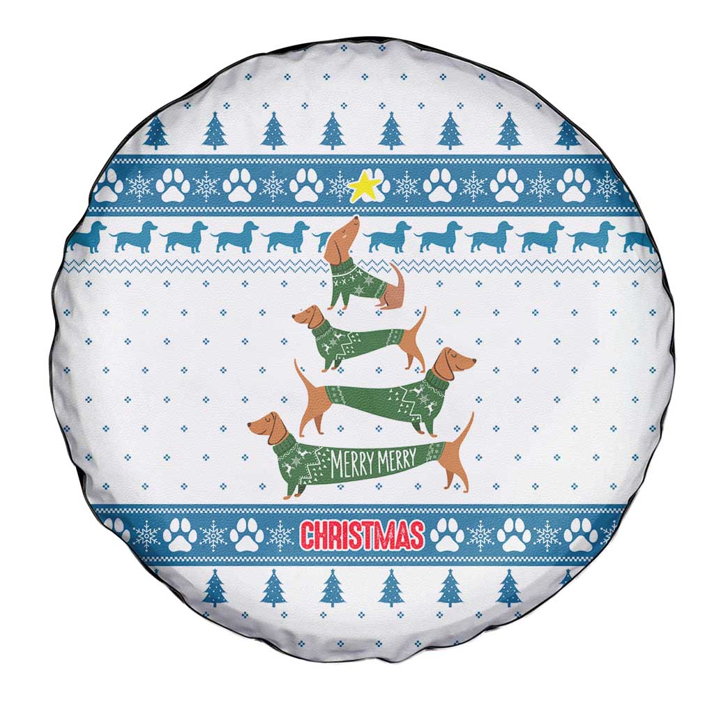 Dachshund Dog Tree Stack Spare Tire Cover with Blue White Paw Print Pattern Design - Wonder Print Shop