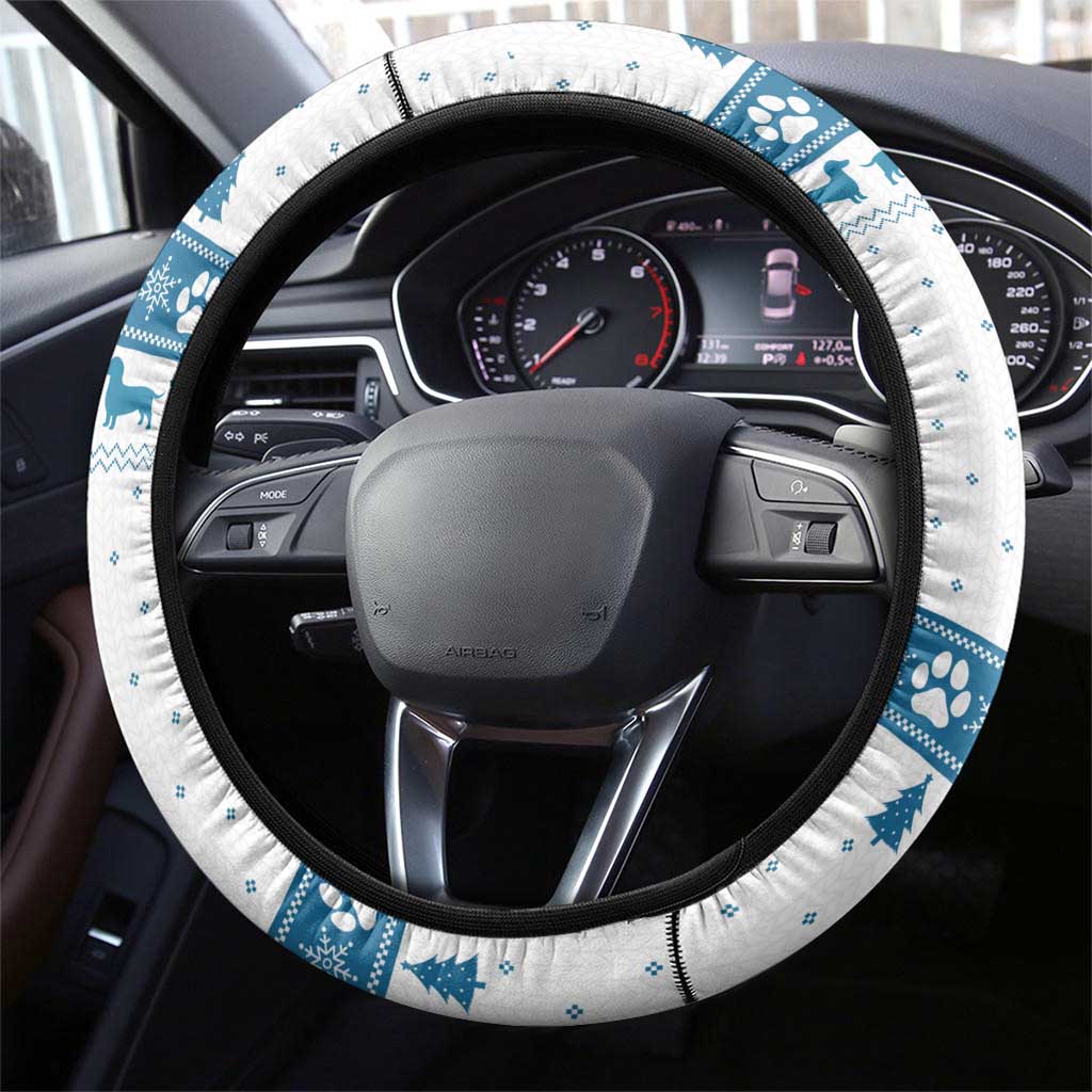 Dachshund Dog Tree Stack Steering Wheel Cover with Blue White Paw Print Pattern Design - Wonder Print Shop