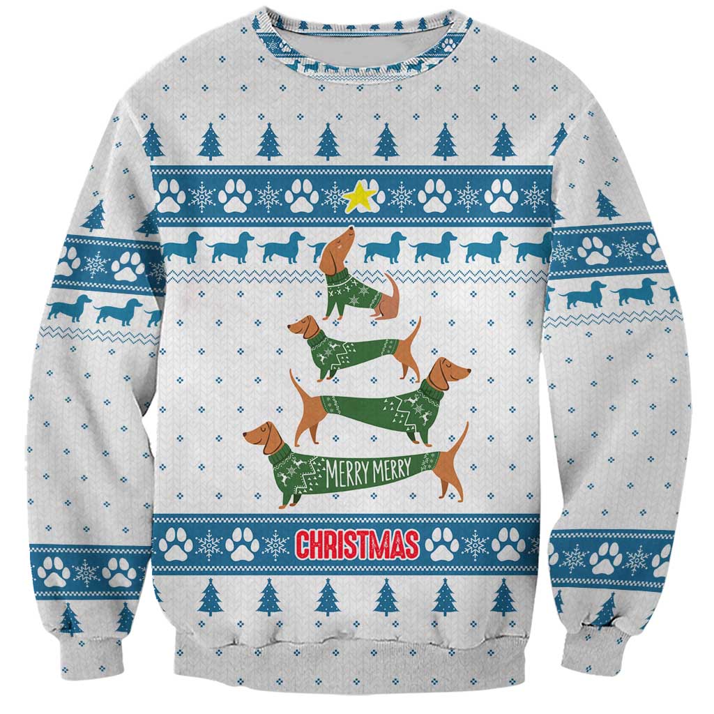 Dachshund Dog Tree Stack Sweatshirt with Blue White Paw Print Pattern Design - Wonder Print Shop