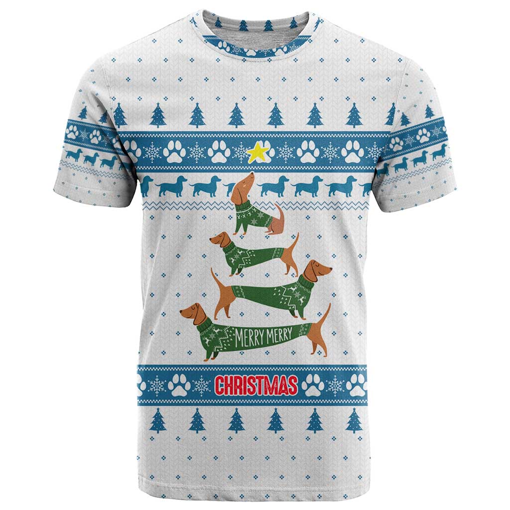 Dachshund Dog Tree Stack T Shirt with Blue White Paw Print Pattern Design - Wonder Print Shop