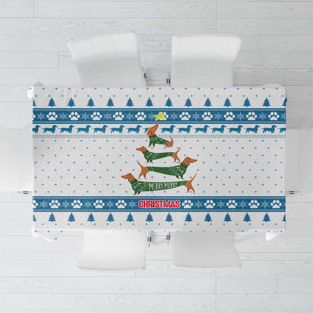 Dachshund Dog Tree Stack Tablecloth with Blue White Paw Print Pattern Design - Wonder Print Shop