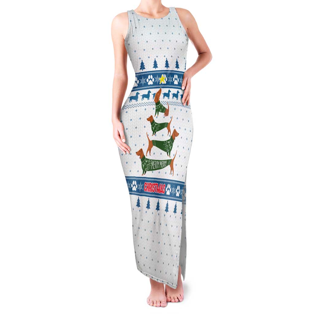 Dachshund Dog Tree Stack Tank Maxi Dress with Blue White Paw Print Pattern Design - Wonder Print Shop