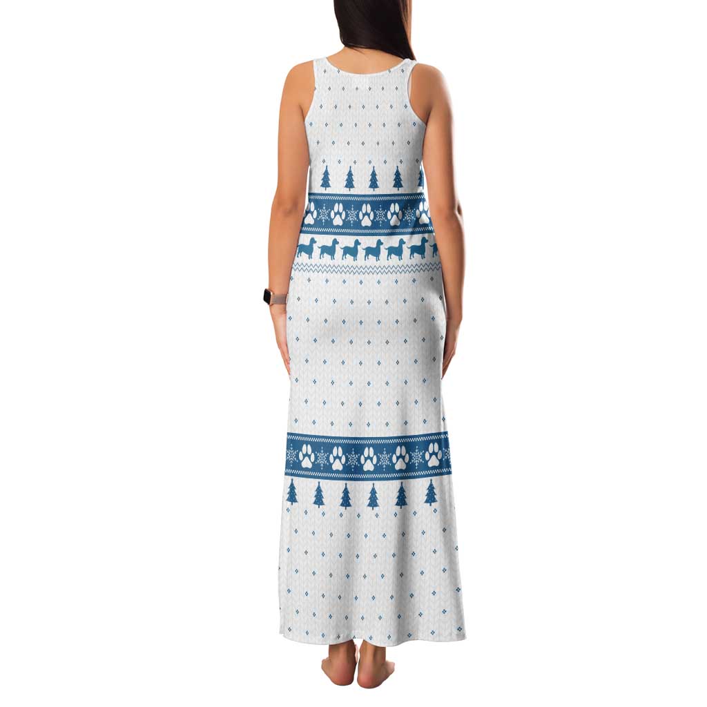 Dachshund Dog Tree Stack Tank Maxi Dress with Blue White Paw Print Pattern Design - Wonder Print Shop