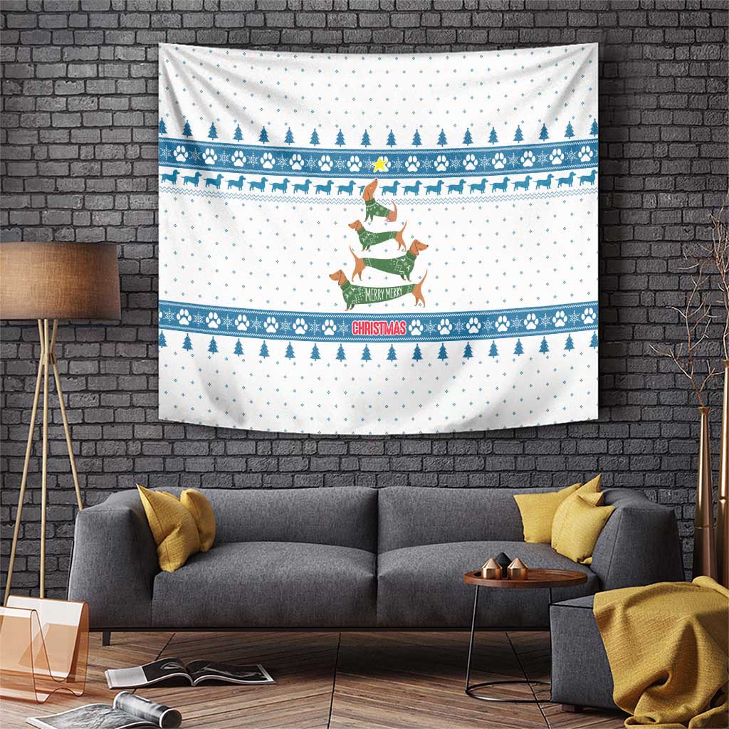 Dachshund Dog Tree Stack Tapestry with Blue White Paw Print Pattern Design - Wonder Print Shop