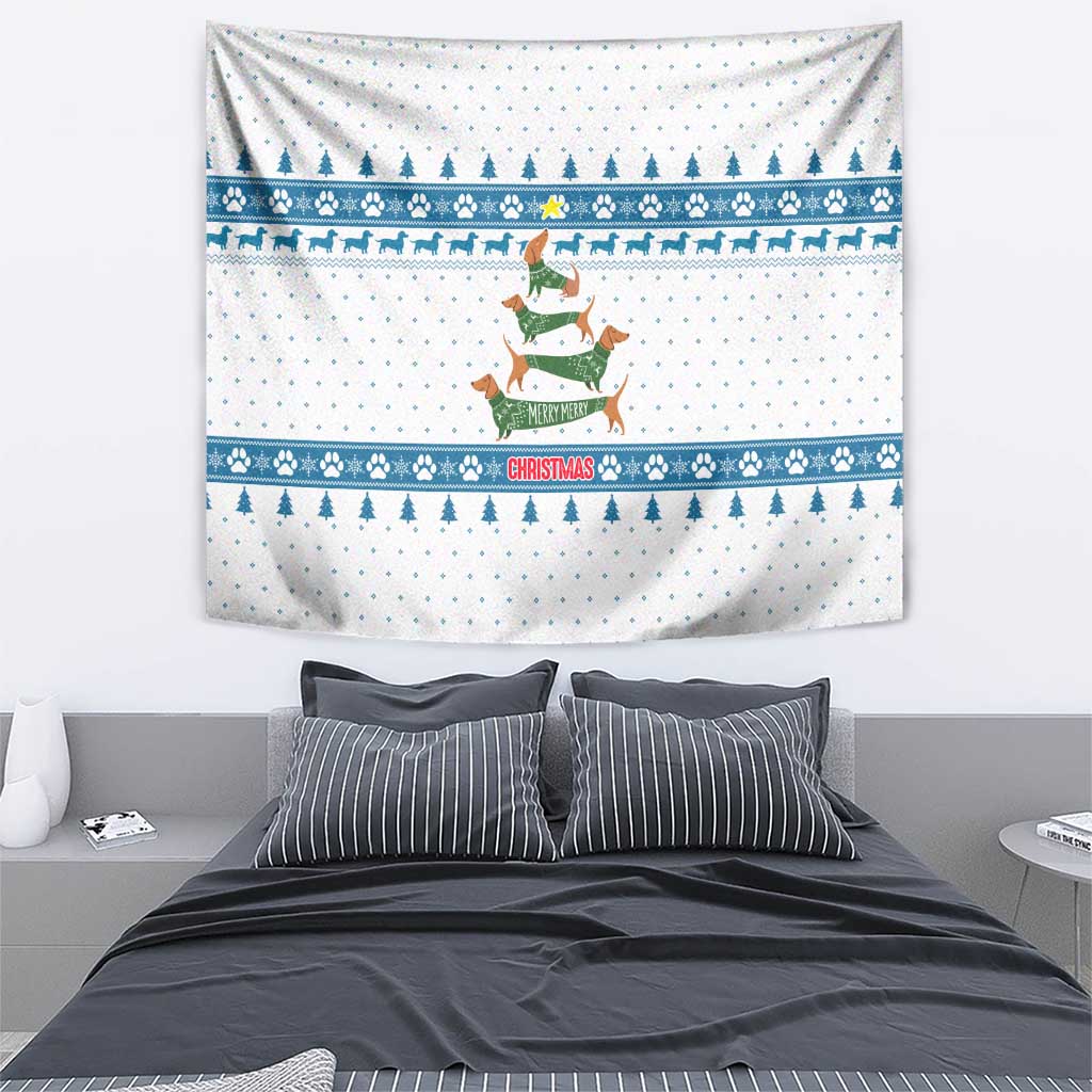 Dachshund Dog Tree Stack Tapestry with Blue White Paw Print Pattern Design - Wonder Print Shop