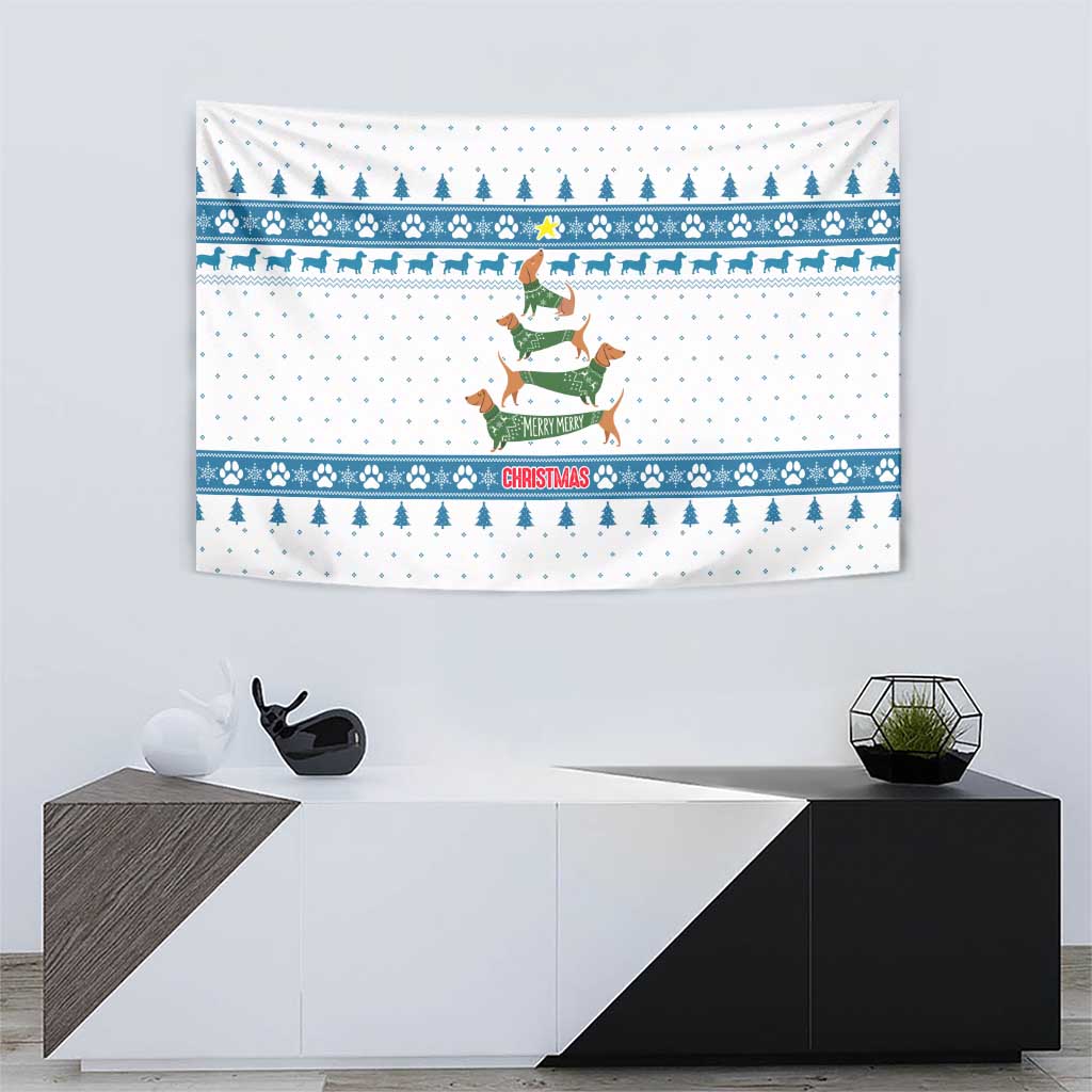 Dachshund Dog Tree Stack Tapestry with Blue White Paw Print Pattern Design - Wonder Print Shop