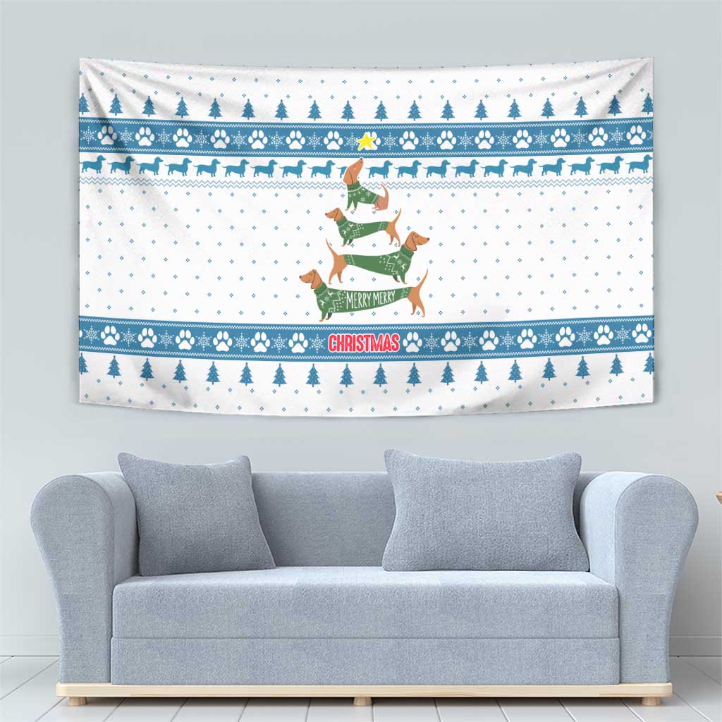 Dachshund Dog Tree Stack Tapestry with Blue White Paw Print Pattern Design - Wonder Print Shop