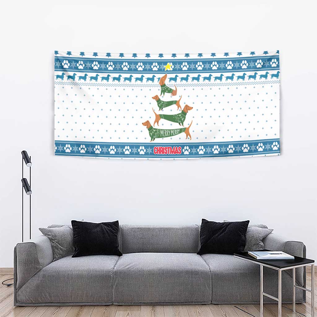 Dachshund Dog Tree Stack Tapestry with Blue White Paw Print Pattern Design - Wonder Print Shop