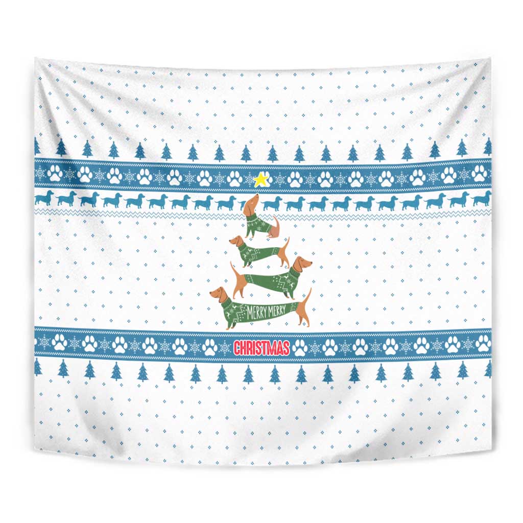 Dachshund Dog Tree Stack Tapestry with Blue White Paw Print Pattern Design - Wonder Print Shop
