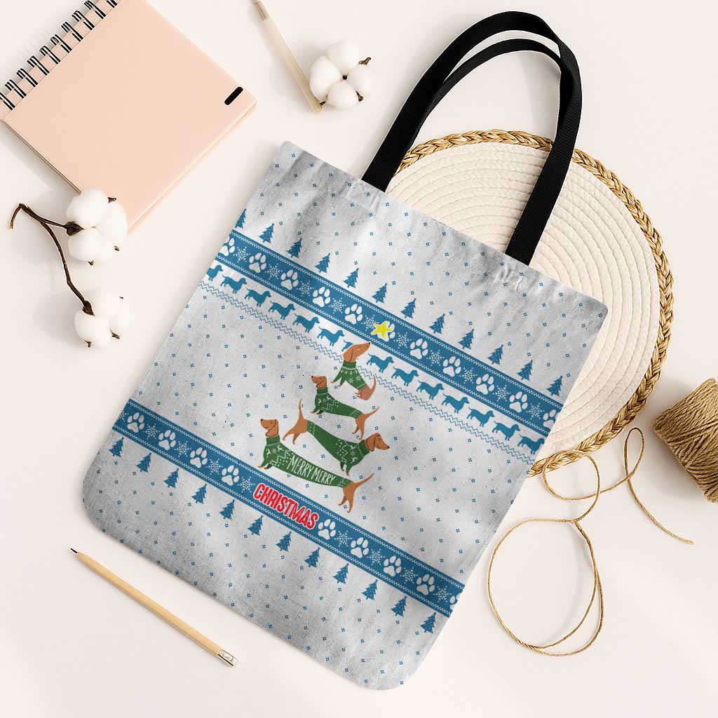 Dachshund Dog Tree Stack Tote Bag with Blue White Paw Print Pattern Design - Wonder Print Shop