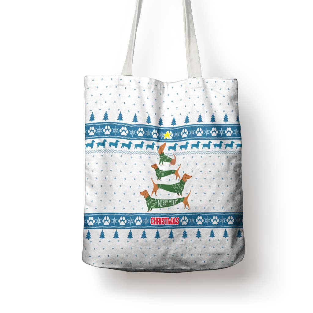 Dachshund Dog Tree Stack Tote Bag with Blue White Paw Print Pattern Design - Wonder Print Shop