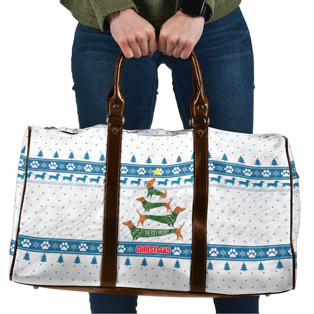 Dachshund Dog Tree Stack Travel Bag with Blue White Paw Print Pattern Design - Wonder Print Shop
