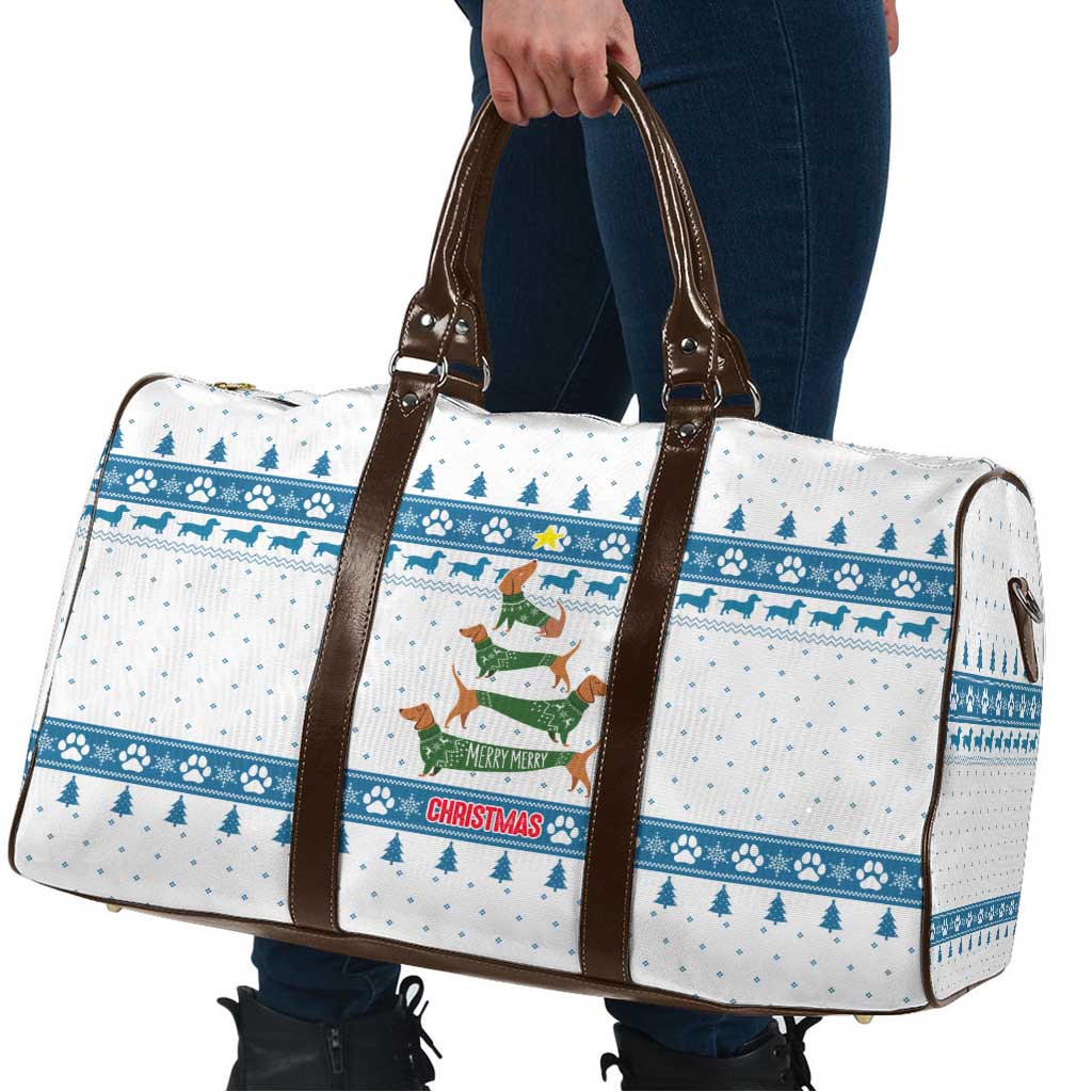 Dachshund Dog Tree Stack Travel Bag with Blue White Paw Print Pattern Design - Wonder Print Shop