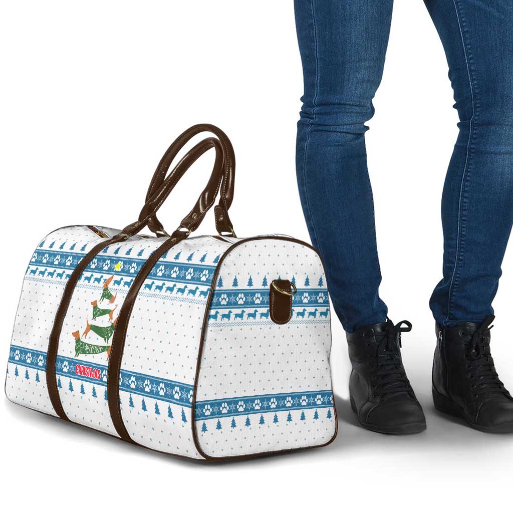 Dachshund Dog Tree Stack Travel Bag with Blue White Paw Print Pattern Design - Wonder Print Shop